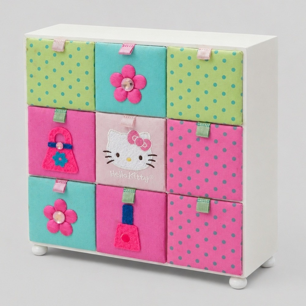 Vintage 2006 Sanrio Hello Kitty 9 Drawer Trinket Jewelry Box Pink Teal Wood
